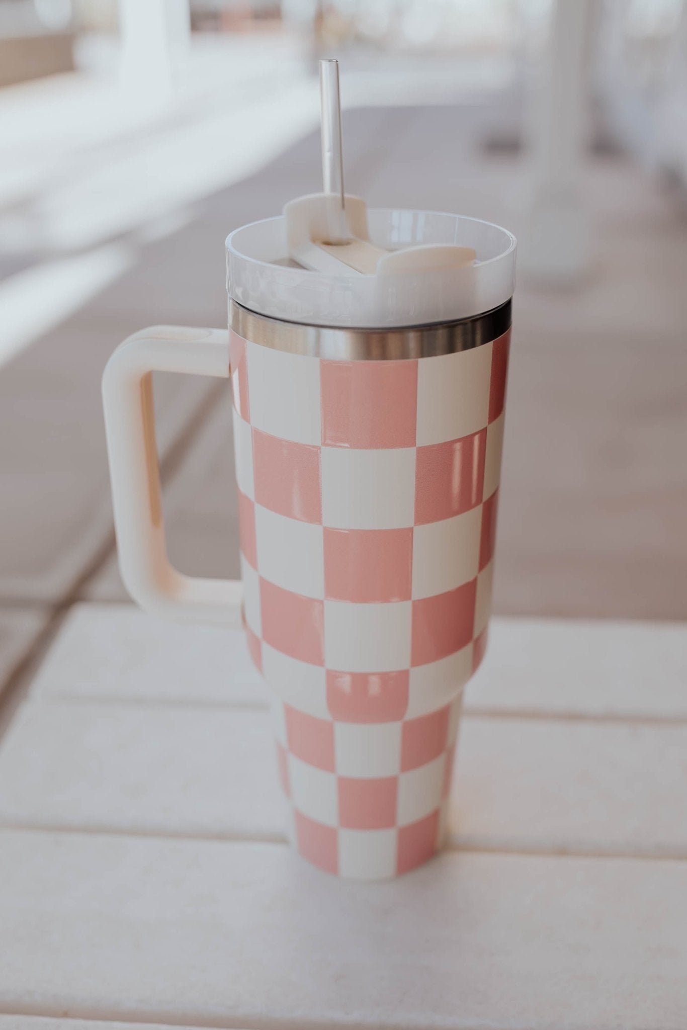 Checkerboard TMC Tumbler, Stanley Dupe - Pink - Tired Mama Co.