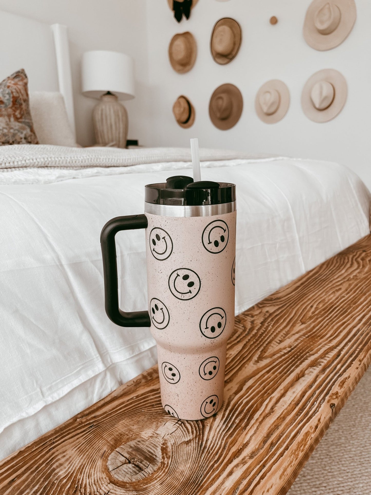 Black Smiley TMC Tumbler, Stanley Dupe - Tan - Tired Mama Co.