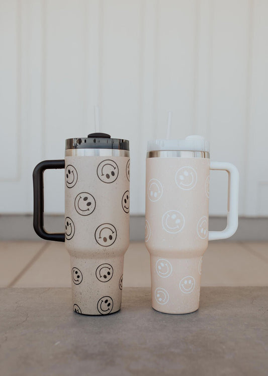 Black Smiley TMC Tumbler, Stanley Dupe - Tan - Tired Mama Co.