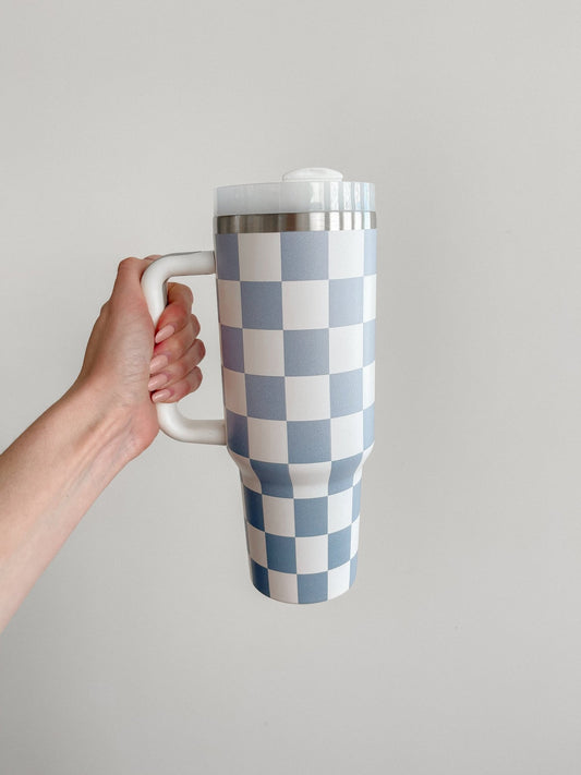 Blue Checkerboard TMC Tumbler, Stanley Dupe - Tired Mama Co.