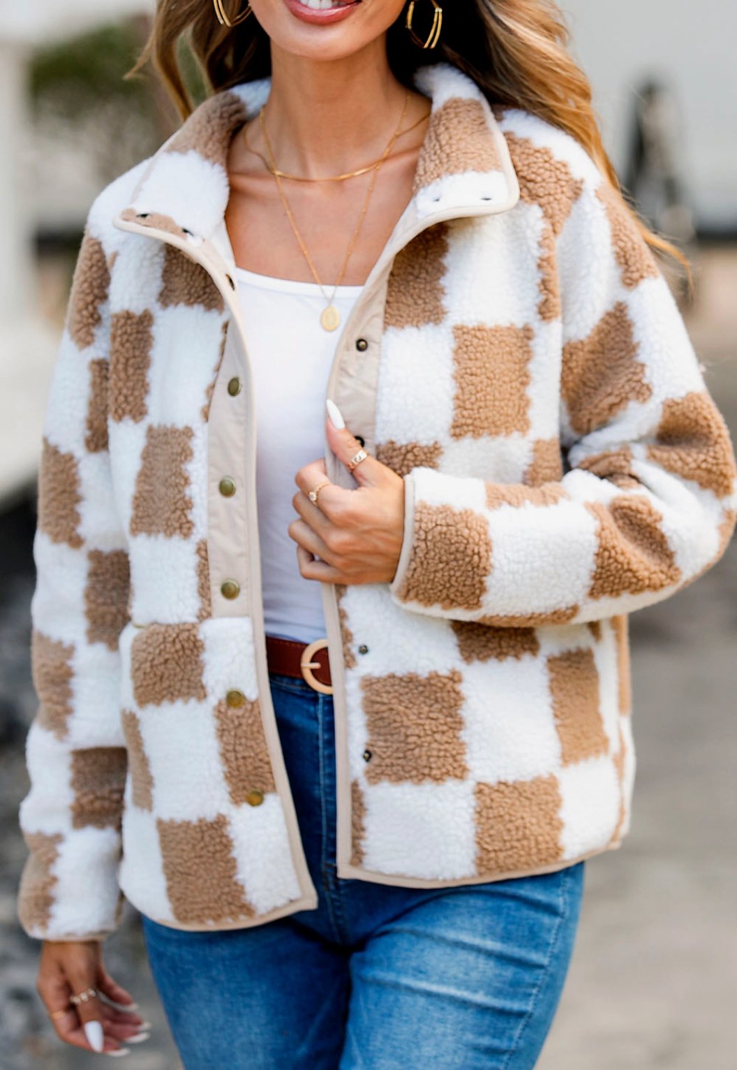 Brown Checked Snap Button Sherpa Jacket - Tired Mama Co.