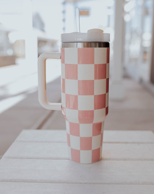Checkerboard TMC Tumbler, Stanley Dupe - Pink - Tired Mama Co.