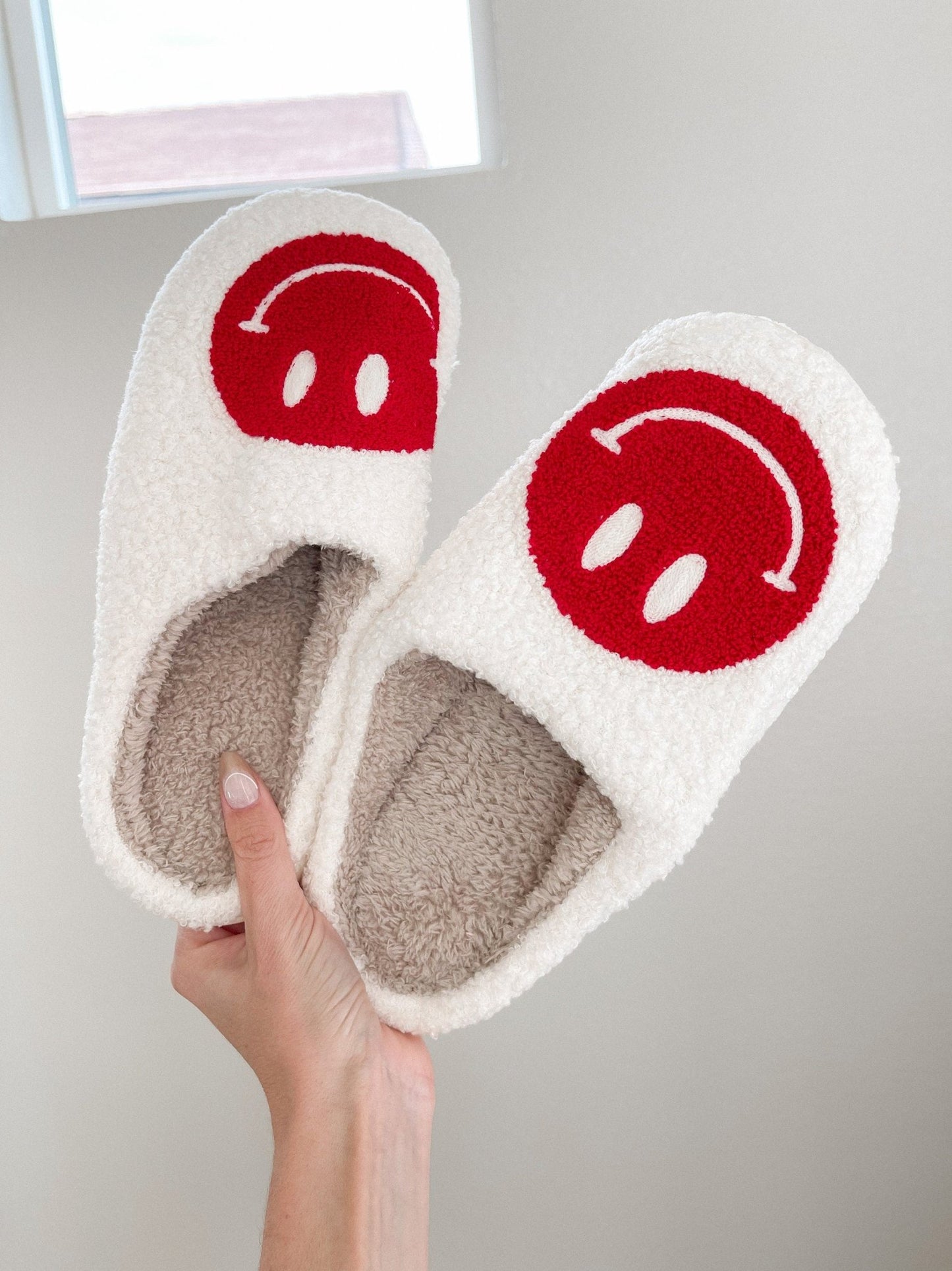 Christmas Slippers | Red Smiley Slippers | Mom Slippers | Fuzzy Slippers | Smiley Face | Christmas Gift | Cozy Christmas - Shop Donuts and Daisies