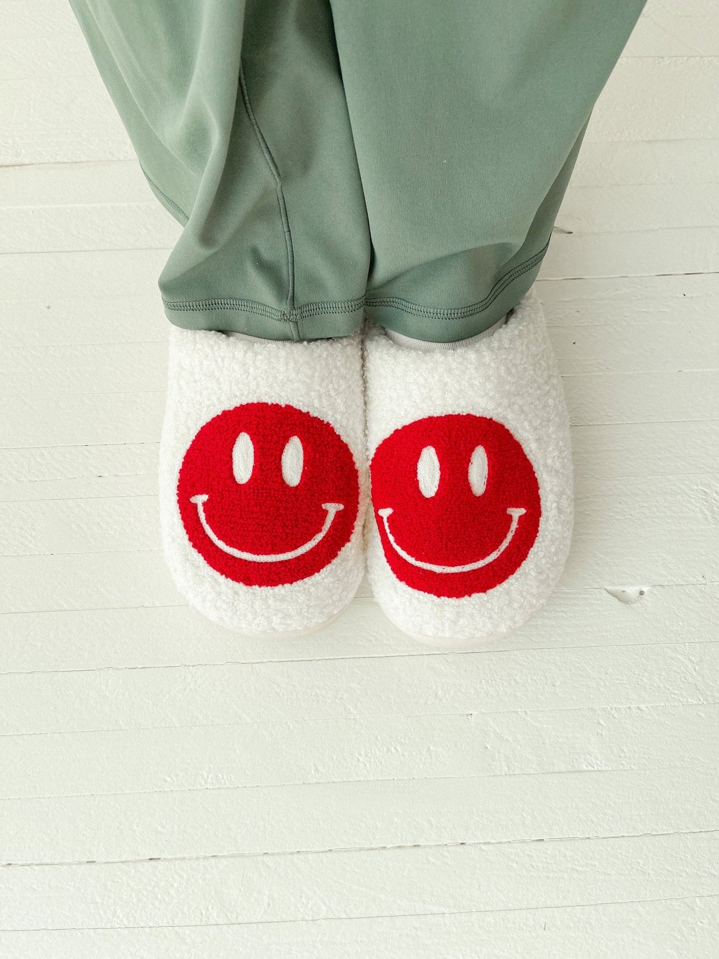 Christmas Slippers | Red Smiley Slippers | Mom Slippers | Fuzzy Slippers | Smiley Face | Christmas Gift | Cozy Christmas - Shop Donuts and Daisies