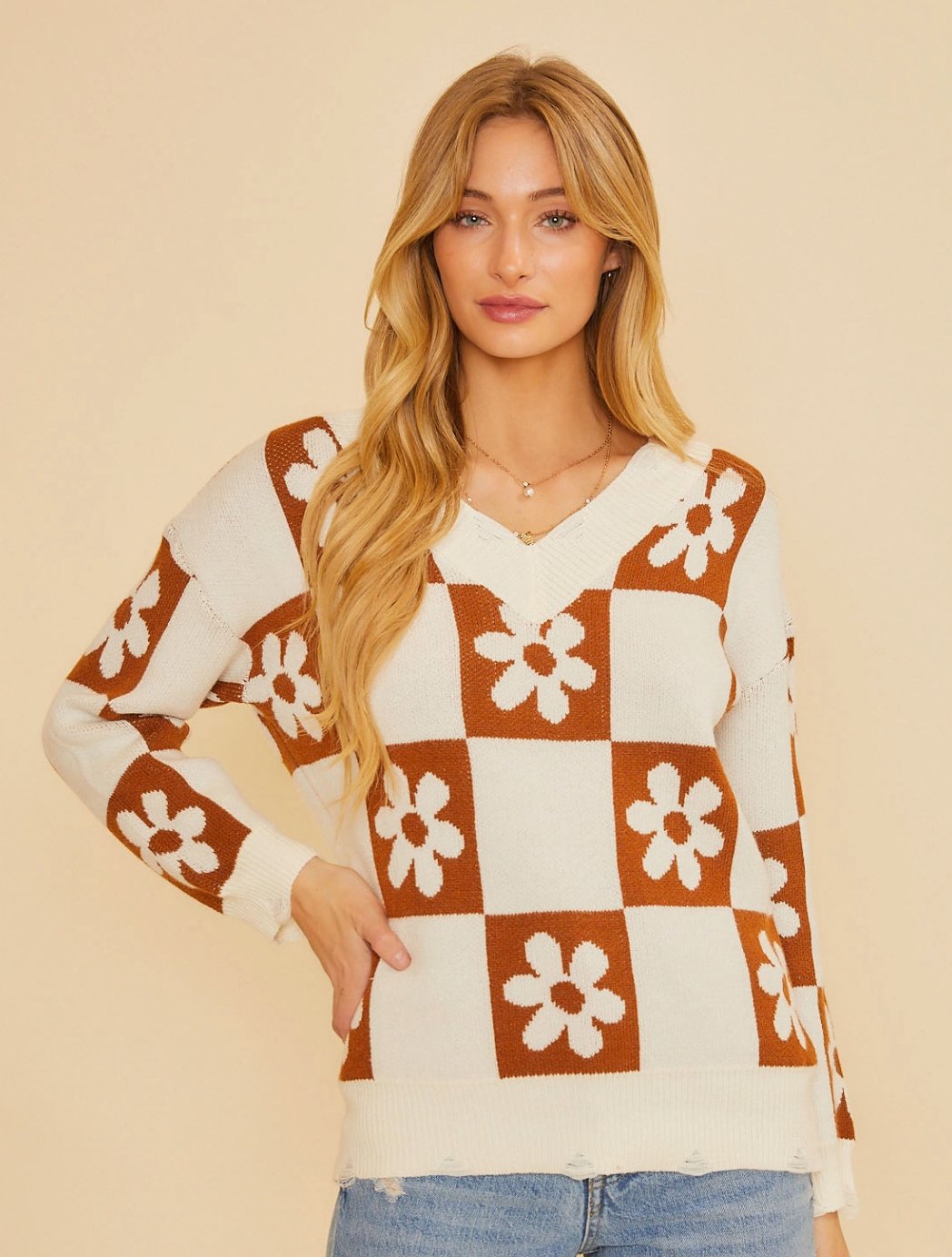Daisy Checkerboard Sweater - Brown - Tired Mama Co.