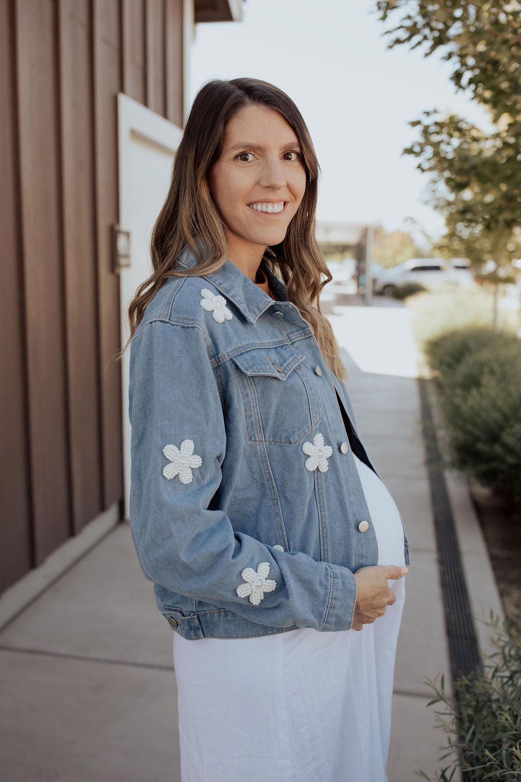 Daisy Denim Jacket with Pearls - Tired Mama Co.
