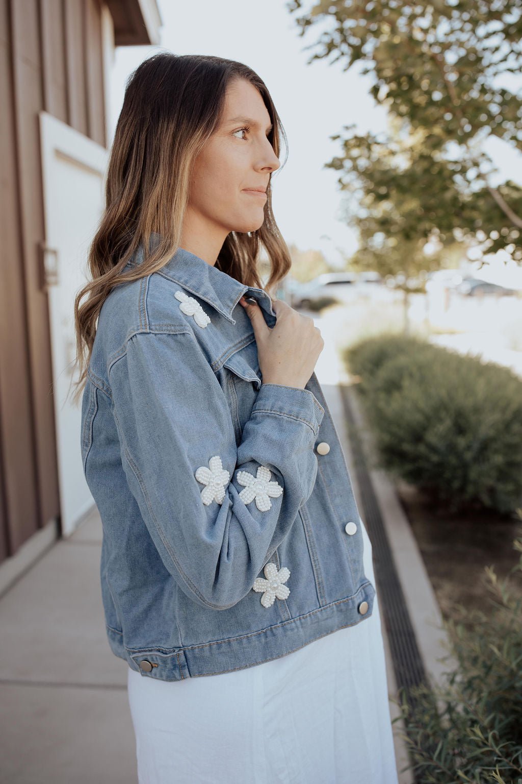 Daisy Denim Jacket with Pearls - Tired Mama Co.