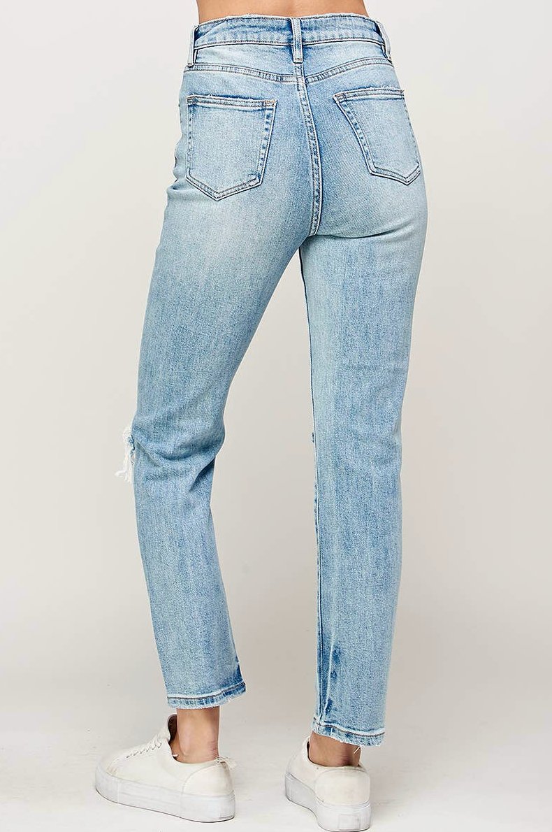 Light Wash - High Rise Distressed Straight Jeans - Tired Mama Co.