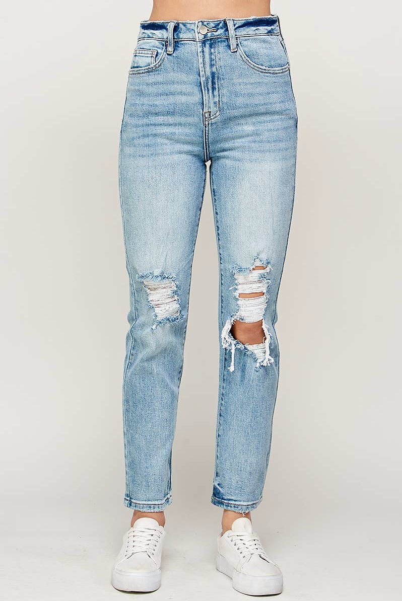 Light Wash - High Rise Distressed Straight Jeans - Tired Mama Co.