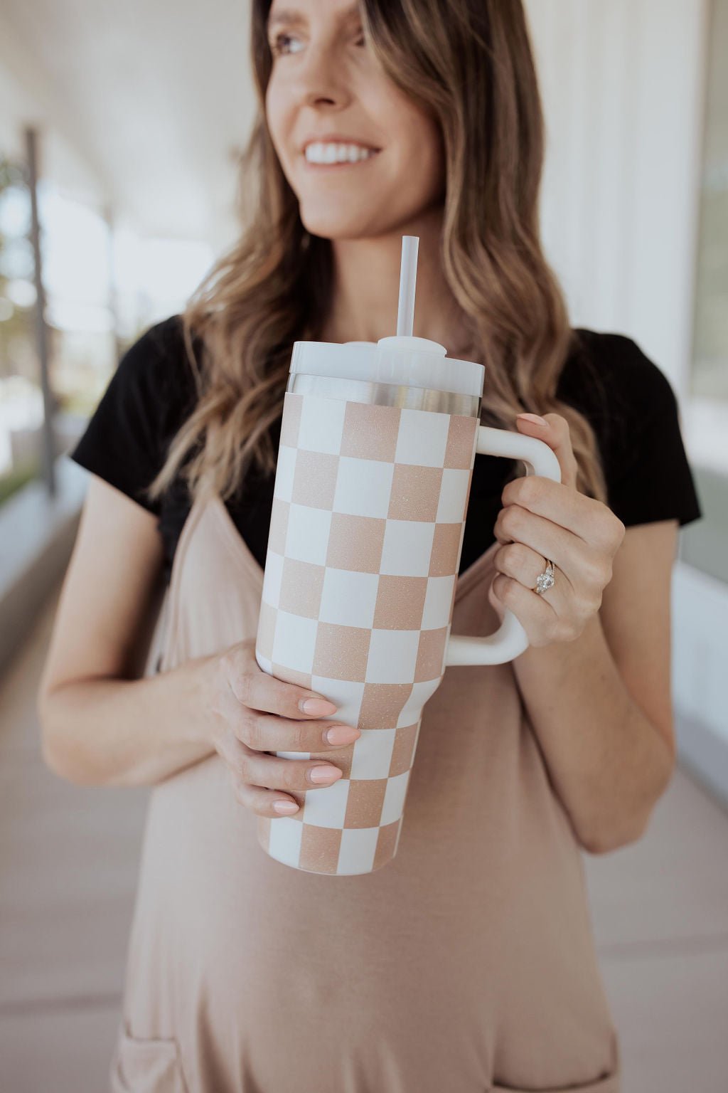 PREORDER Distressed Tan Checkerboard TMC Tumbler, Stanley Dupe - Tired Mama Co.
