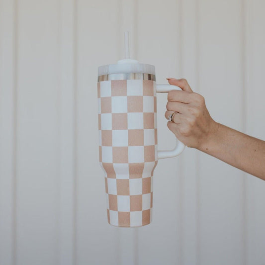 PREORDER Distressed Tan Checkerboard TMC Tumbler, Stanley Dupe - Tired Mama Co.