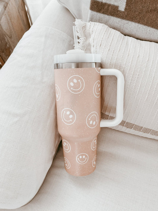 Smiley TMC Tumbler, Stanley Dupe - Nude - Tired Mama Co.