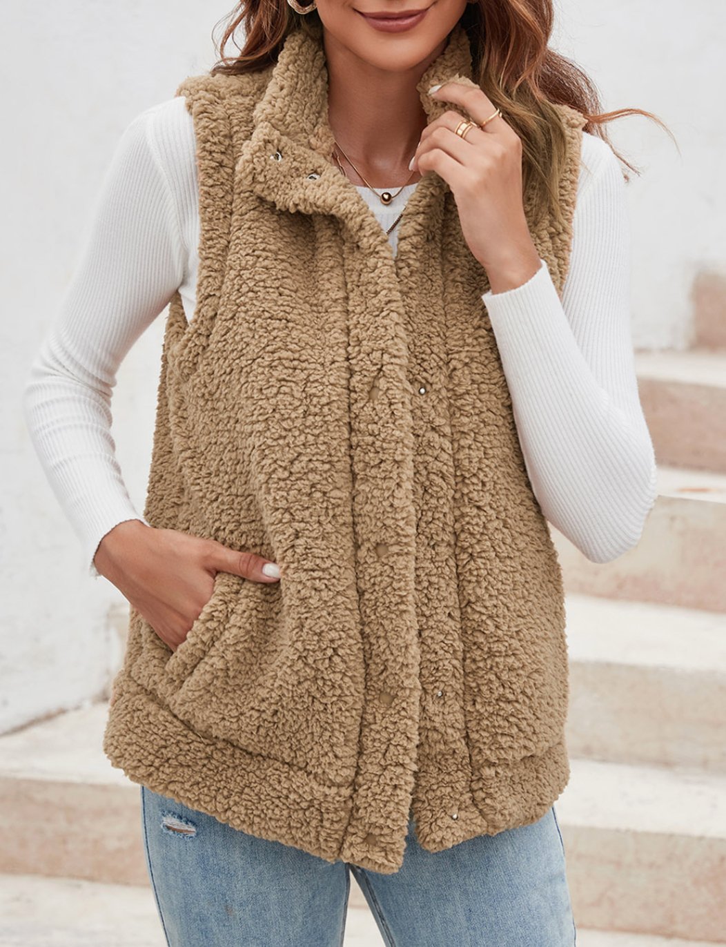 Snap Button Pocketed Sherpa Vest Jacket - Tired Mama Co.