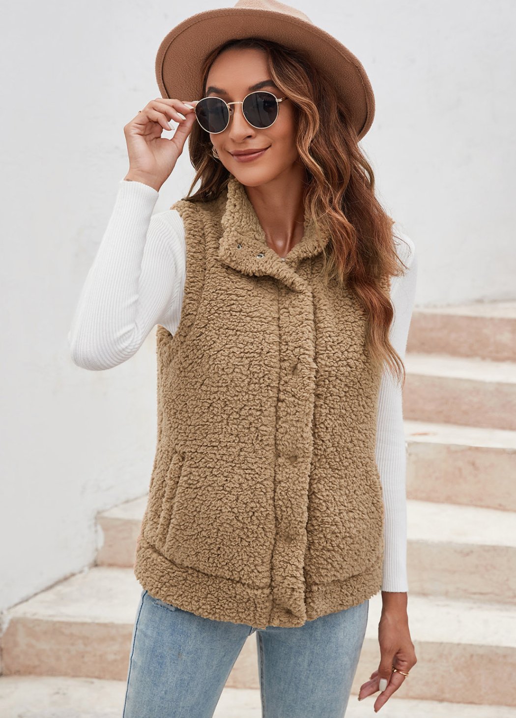 Snap Button Pocketed Sherpa Vest Jacket - Tired Mama Co.