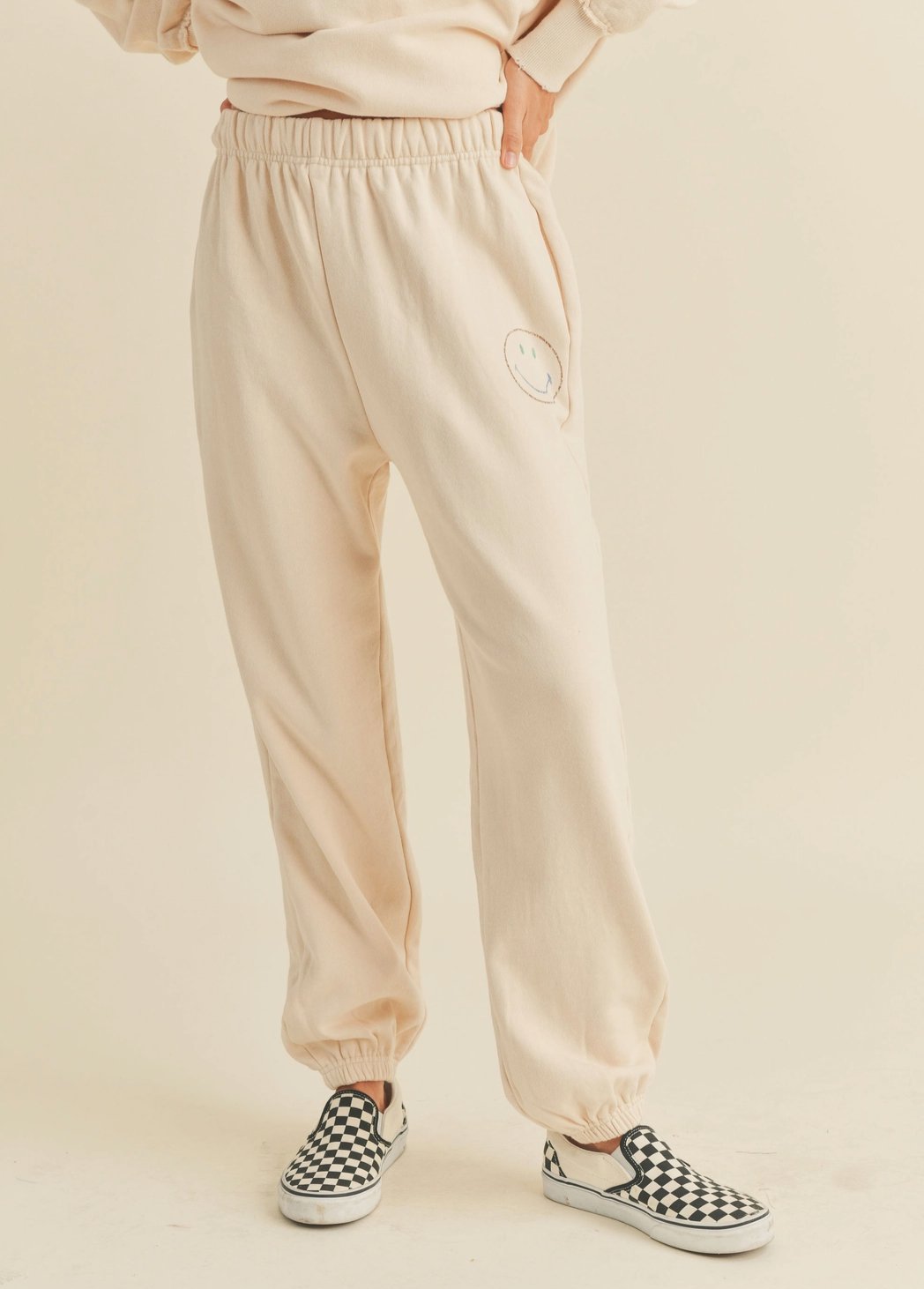 Terry Smile Print Sweatpants, Beige - Tired Mama Co.