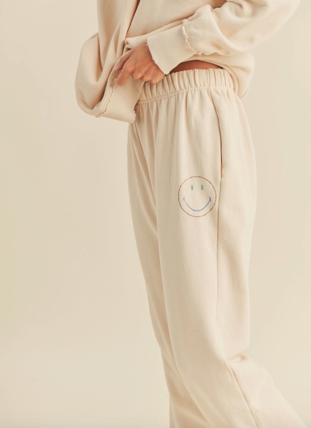 Terry Smile Print Sweatpants, Beige - Tired Mama Co.